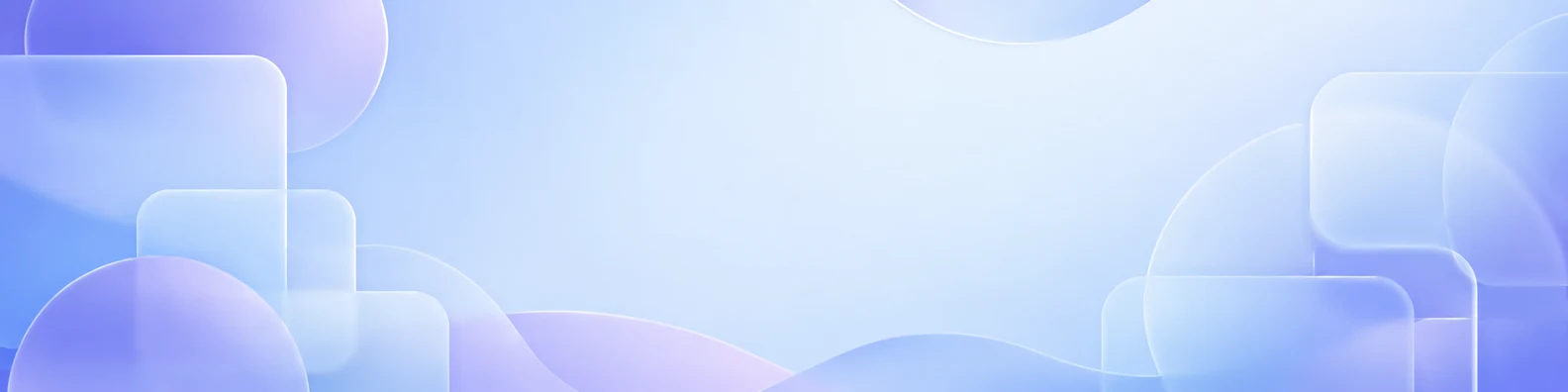 Frosted glass abstract LinkedIn background banner with translucent blue lavender rounded shapes and soft digital gradients