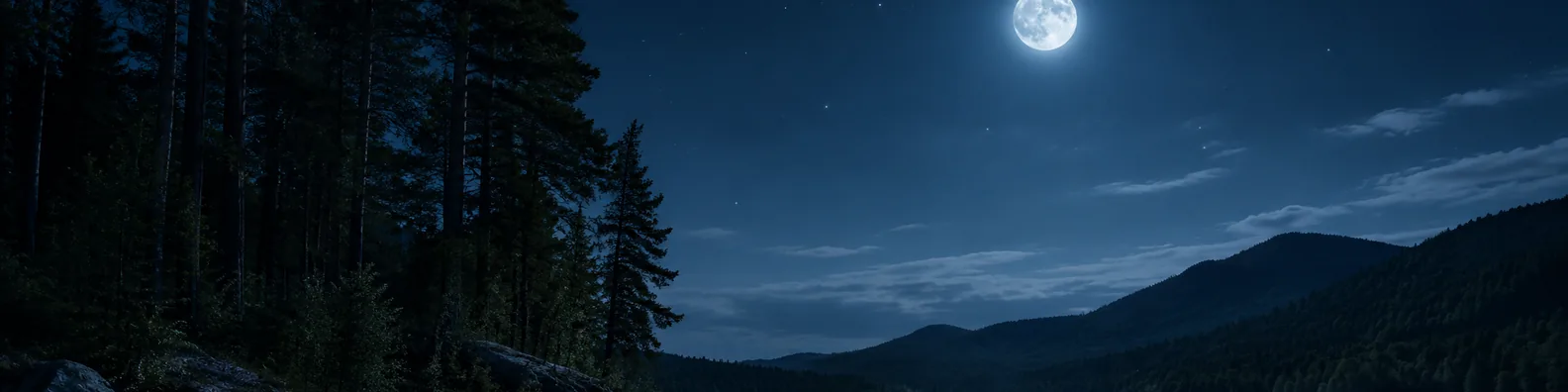Full moon forest night LinkedIn background banner with tall trees, moonlit lake, dark hills, stars, and calm sky