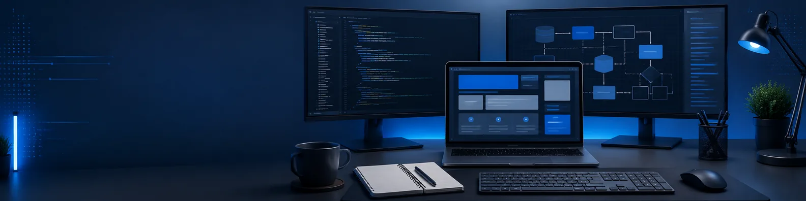 Full stack developer workspace LinkedIn background banner with multiple screens, abstract frontend layouts, backend diagrams, keyboard, and notebook