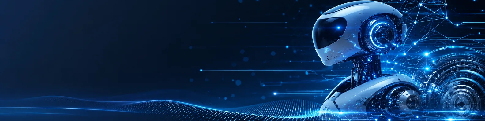 Future robot technology LinkedIn background banner with sleek futuristic robot components, glowing circuits, digital particles, and AI-style network lines
