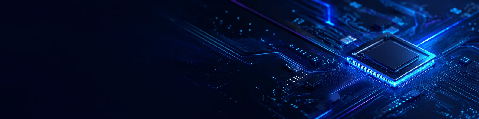 Futuristic circuit board LinkedIn background banner with glowing circuit pathways, microchip-like forms, digital particles, and blue cyan light effects