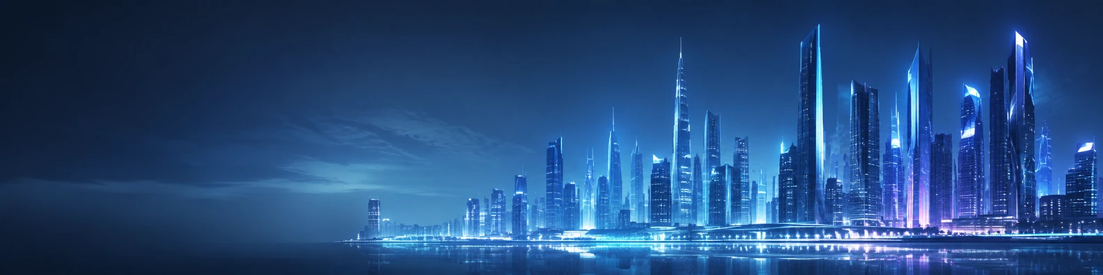 Futuristic city skyline with glowing skyscrapers, reflections, and clean digital atmosphere LinkedIn banner