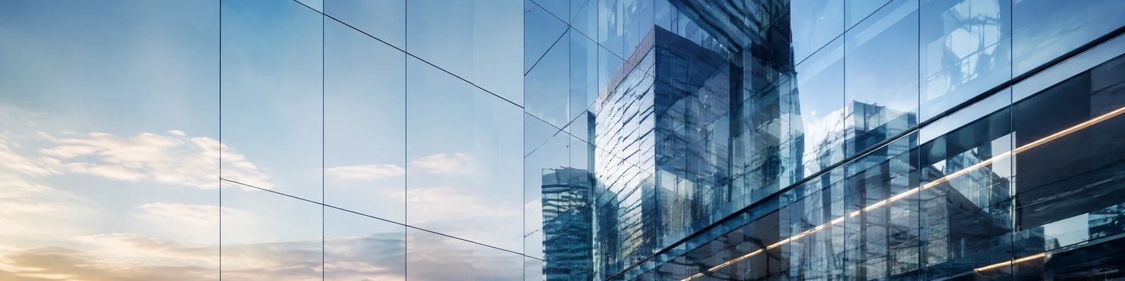 Glass building reflection with reflective skyscraper windows, sky reflections, and clean architectural lines LinkedIn banner
