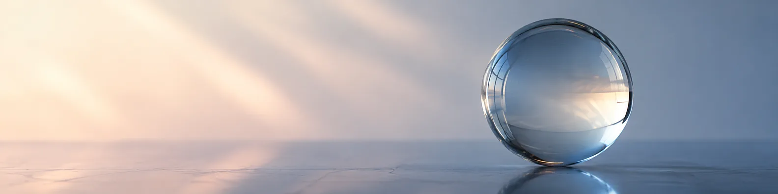 Transparent crystal glass ball on a clean reflective surface LinkedIn background banner