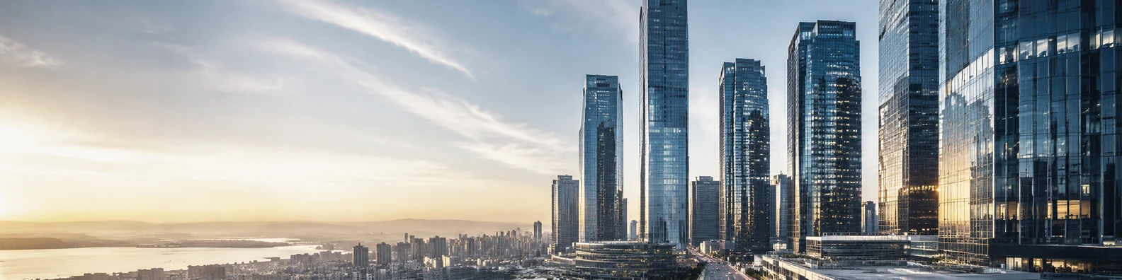 Glass skyscraper city view with reflective buildings, clean lines, and golden hour light LinkedIn banner