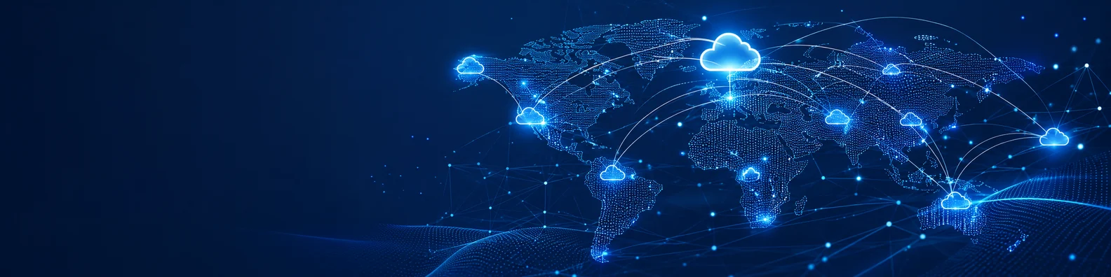 Global cloud connection LinkedIn background banner with abstract world map outlines, cloud nodes, glowing network lines, and global data particles