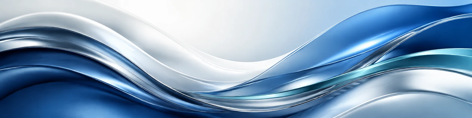 Glossy abstract wave texture LinkedIn background banner with blue silver white soft teal waves and polished reflections