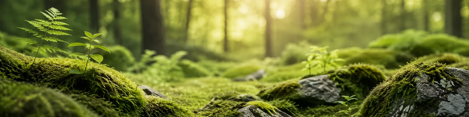 Green moss forest floor LinkedIn background banner with small plants, natural stones, and soft woodland light