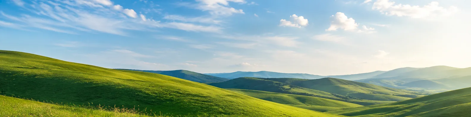 Green rolling hills LinkedIn background banner with grassy slopes, blue sky, soft clouds, sunlight, and open landscape