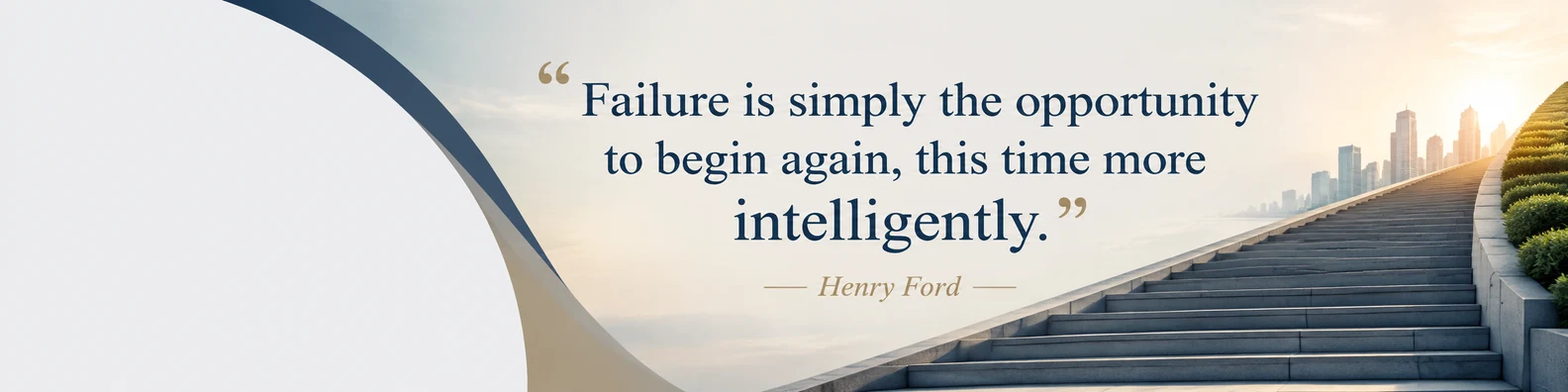 Henry Ford success quote LinkedIn background banner with upward motion navy white grey beige and muted green