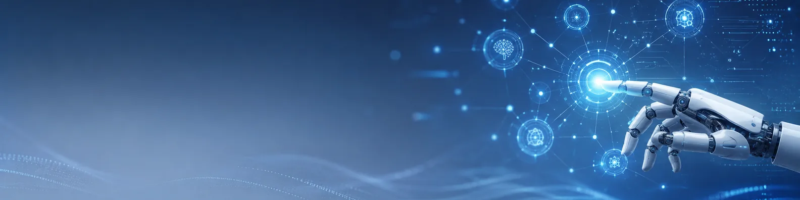 Human robot interface LinkedIn background banner with robotic hand reaching toward glowing technology nodes and futuristic interface elements