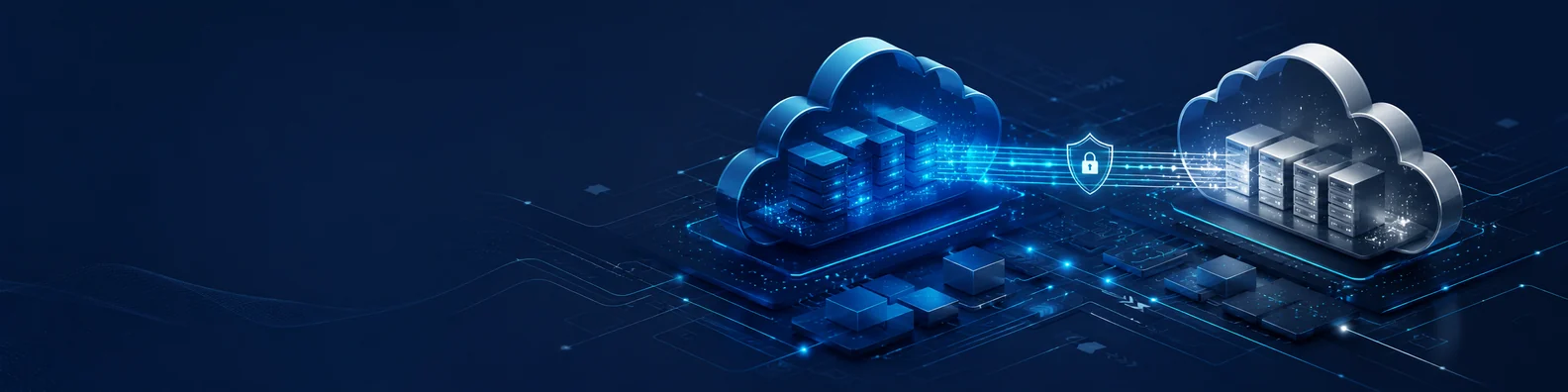 Hybrid cloud technology LinkedIn background banner with two connected cloud environments, server blocks, secure data pathways, and network lines