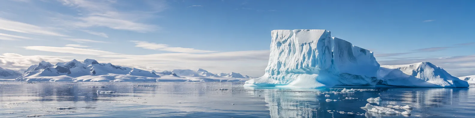Iceberg ocean LinkedIn background banner with blue ocean water, floating iceberg, distant snowy mountains, and clear polar sky