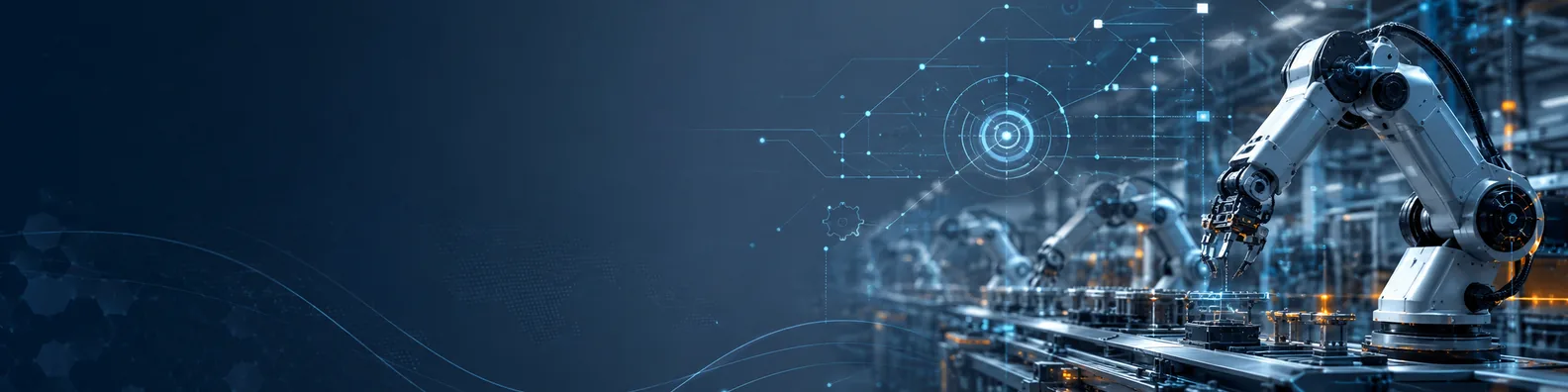 Industrial automation LinkedIn background banner with robotic arms, smart factory elements, digital control lines, and automation network visuals