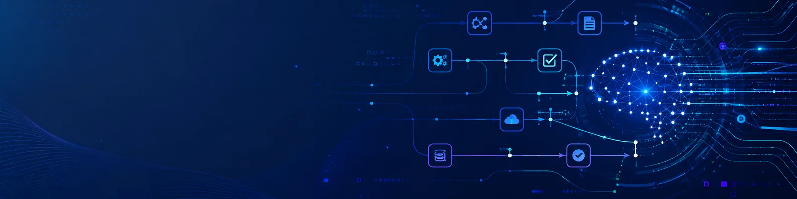 Intelligent automation LinkedIn background banner with AI network nodes, workflow lines, digital control systems, data streams, and automation patterns