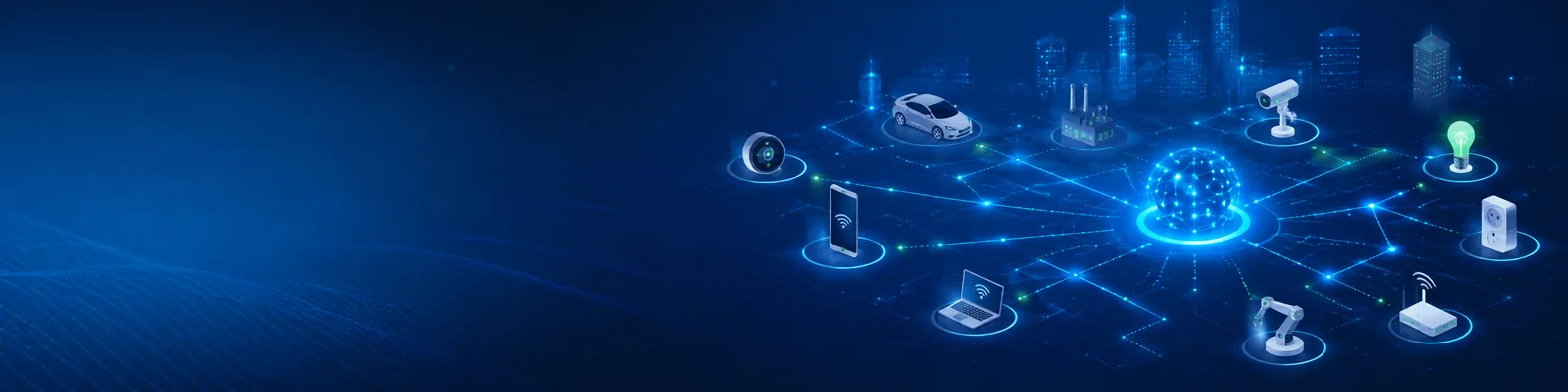 Internet of Things network LinkedIn background banner with connected smart devices, glowing network lines, data nodes, and clean blue digital technology background