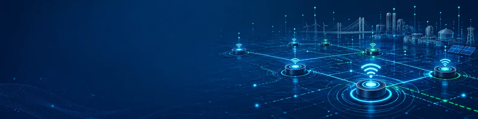 IoT sensor network LinkedIn background banner with abstract sensor nodes, wireless signal rings, data points, circuit lines, and connected blue grid patterns