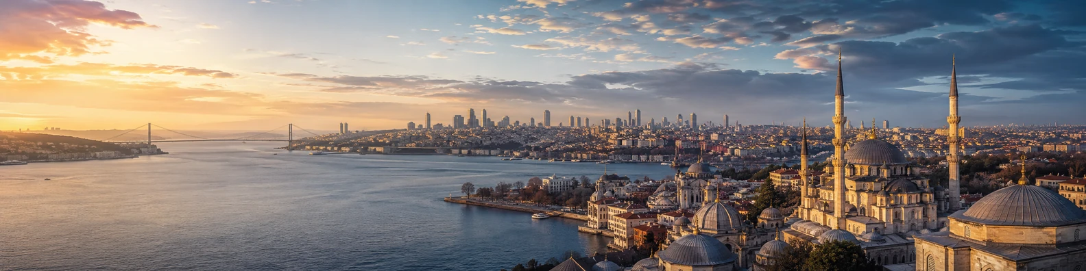 Istanbul city skyline with water, bridges, and historic architecture at sunset LinkedIn banner