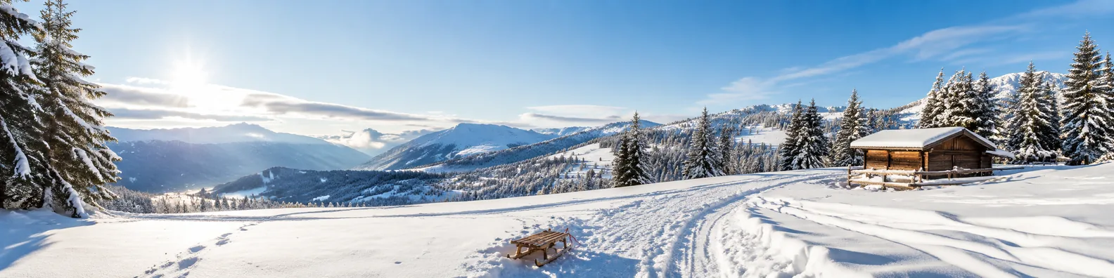 Bright snowy mountain landscape with winter tracks and alpine cabin LinkedIn background banner