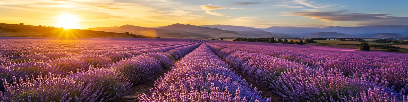 Lavender field sunset LinkedIn background banner with long purple flower rows, golden light, soft sky, and countryside depth