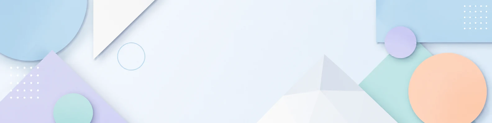 Light pastel geometric LinkedIn background banner with pastel blue lavender mint peach white and simple geometric shapes