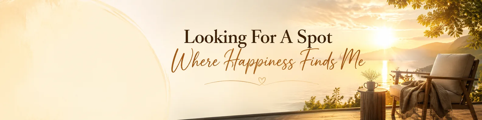 Warm lakeside happiness quote LinkedIn background banner with relaxing chair