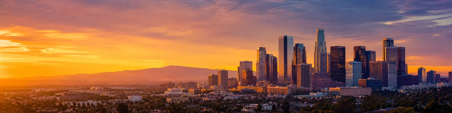 Los Angeles skyline at sunset with downtown skyscrapers and warm golden sky LinkedIn background banner