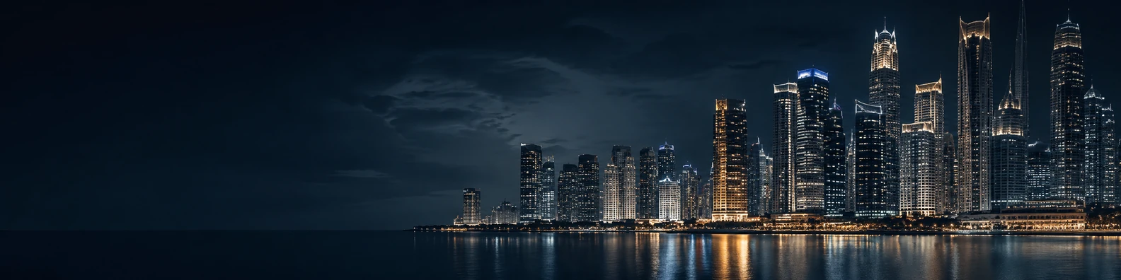 Luxury city skyline at night with illuminated skyscrapers, gold lights, and calm water reflections LinkedIn banner