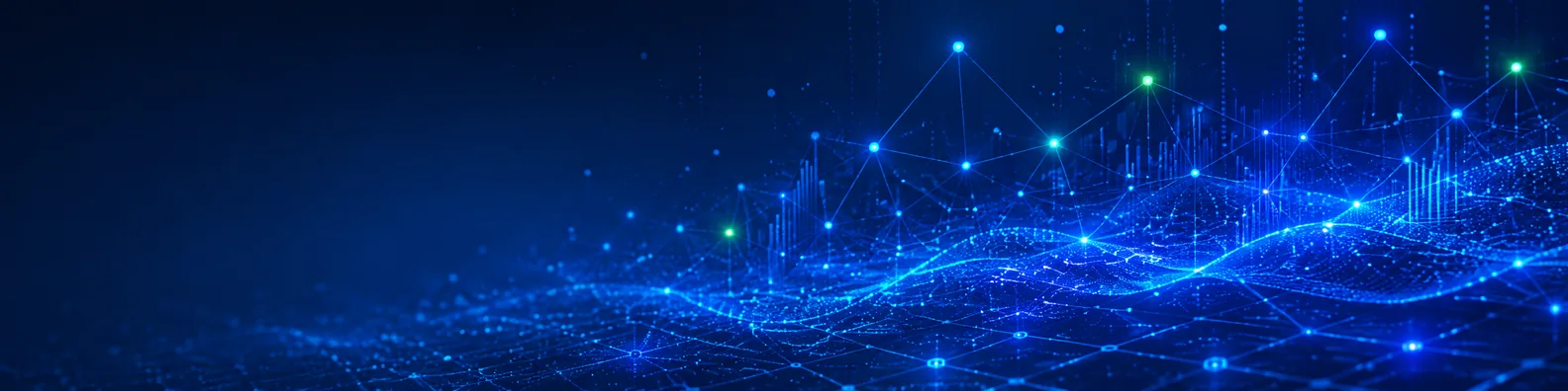 Machine learning technology LinkedIn background banner with abstract algorithmic nodes and glowing digital graph lines