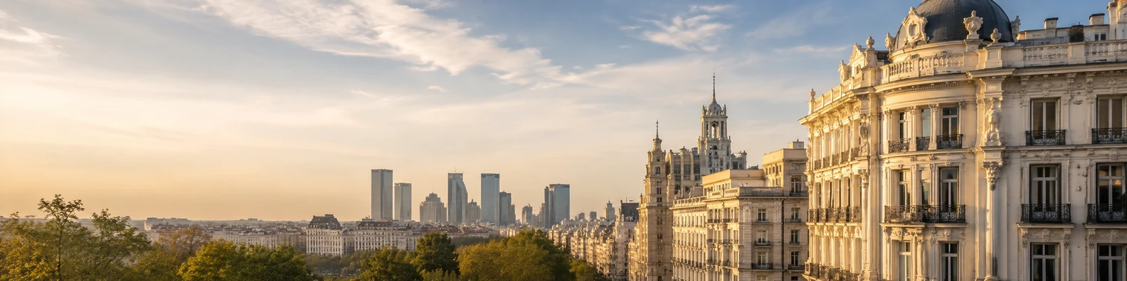 Madrid city architecture view with elegant buildings and soft golden light LinkedIn banner