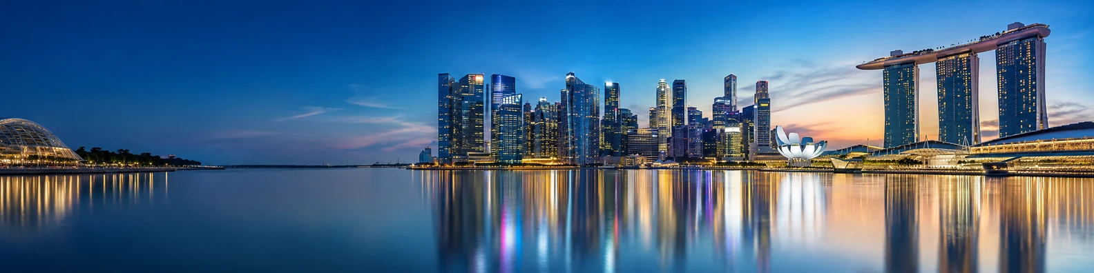 Marina Bay city skyline in Singapore with waterfront buildings and evening reflections LinkedIn banner