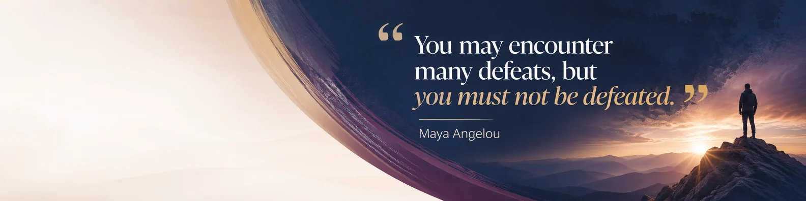 Maya Angelou strength quote LinkedIn background banner with mountain sunrise navy plum and warm beige design