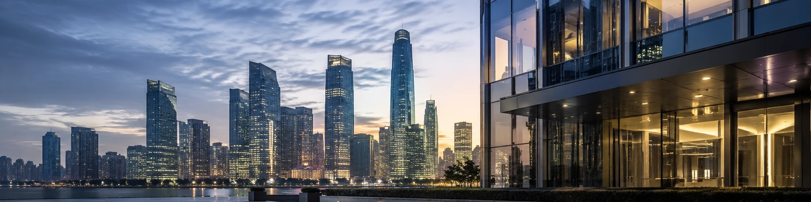 Metropolitan business district with office towers and refined city lighting LinkedIn background banner