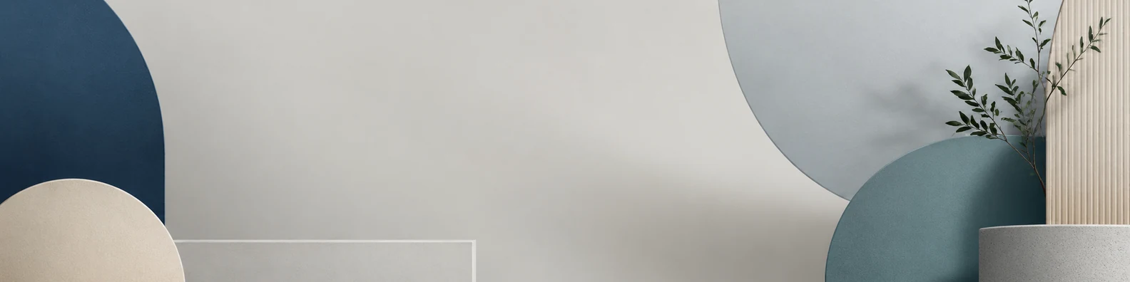 Minimal abstract shape composition LinkedIn background banner with muted blue grey beige and teal rounded forms