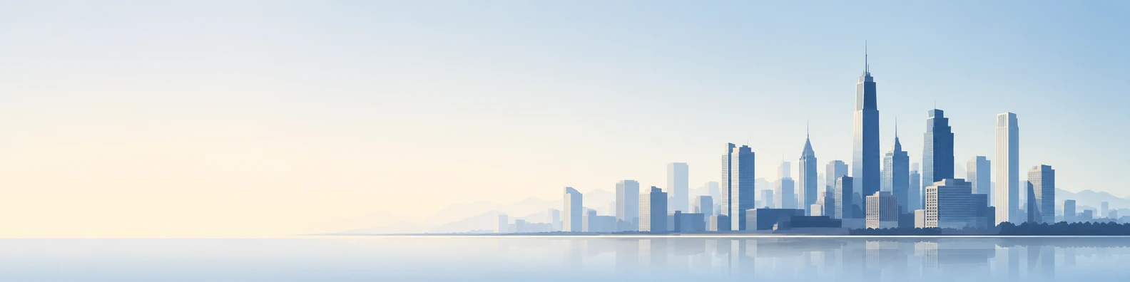 Minimal city skyline design with soft gradients, simple building shapes, and open space LinkedIn banner