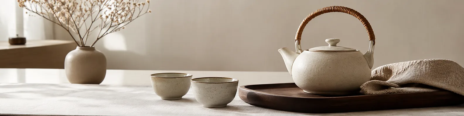 Minimal ceramic tea set arranged elegantly on a wooden tray in soft natural light LinkedIn background banner