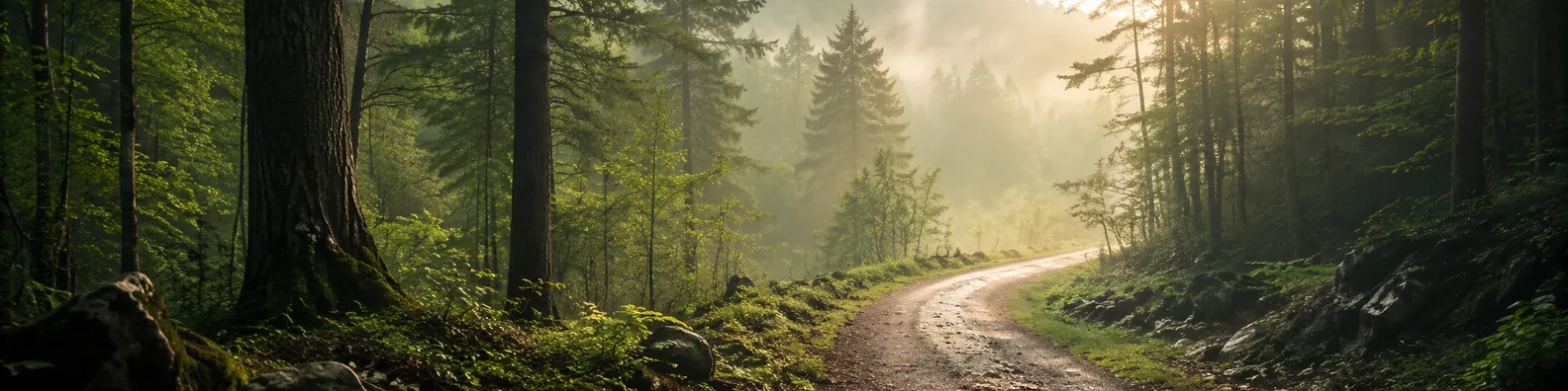 Misty forest path LinkedIn background banner with tall trees, morning fog, and soft golden light