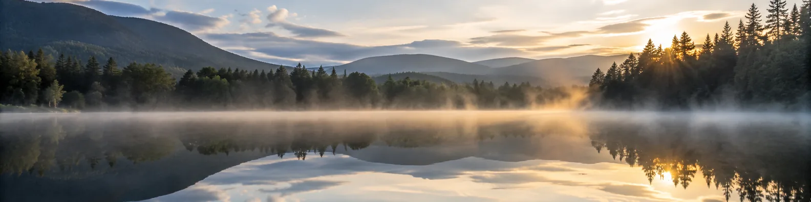 Misty lake morning LinkedIn background banner with calm water, soft fog, sunrise reflections, distant trees, and hills