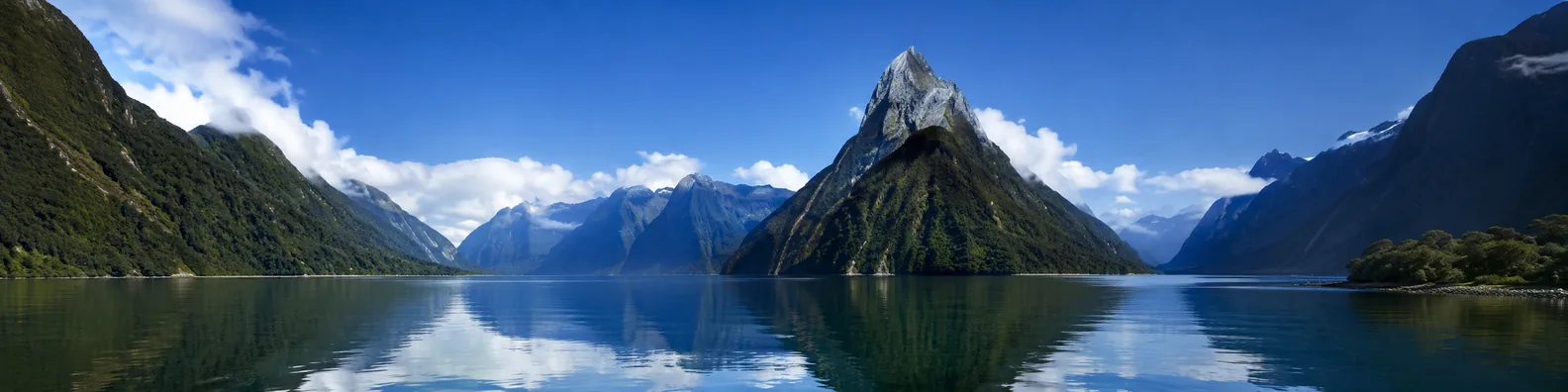 Mitre Peak fjord panorama with calm reflective water and steep green mountains LinkedIn background banner