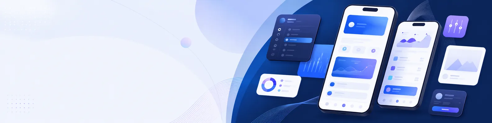 Mobile app interface LinkedIn background banner with smartphone screen shapes, abstract app cards, clean interface blocks, navigation panels, and soft digital gradients