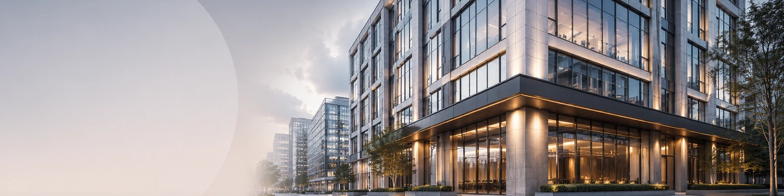 Modern city corner building with glass windows and soft business district lighting LinkedIn background banner