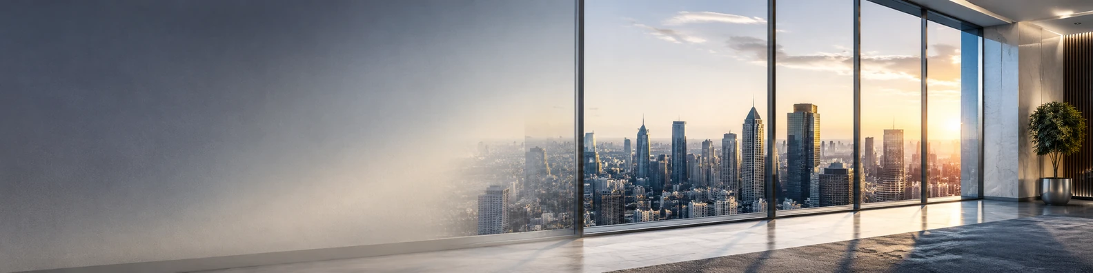 Modern city office window with skyline, clean reflections, and warm sunlight LinkedIn banner