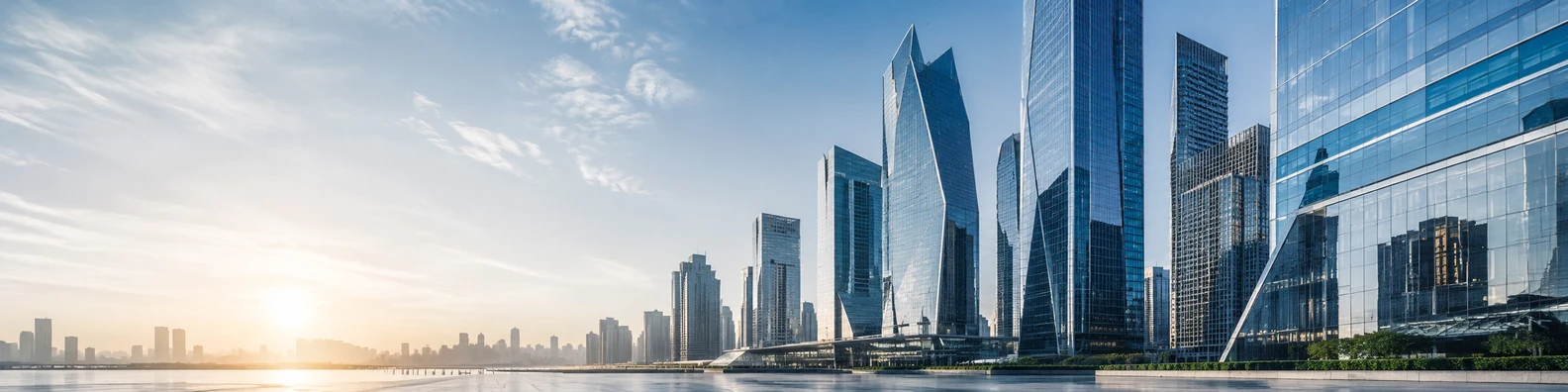 Modern skyscraper architecture with glass facades, geometric lines, and sunrise light LinkedIn banner