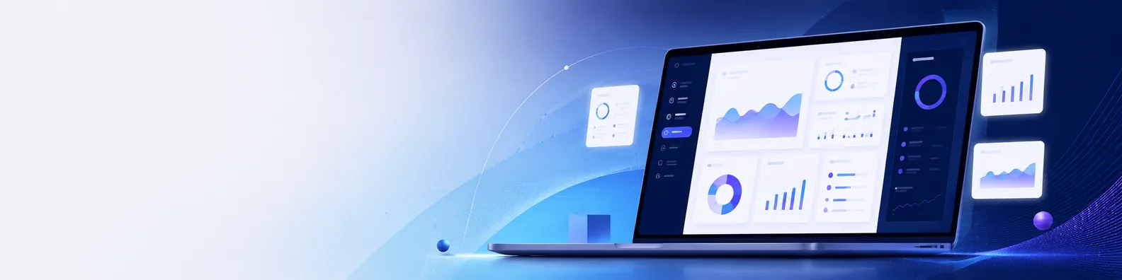 Modern tech product screen LinkedIn background banner with large monitor dashboard cards, graph elements, abstract UI panels, and clean app interface visuals