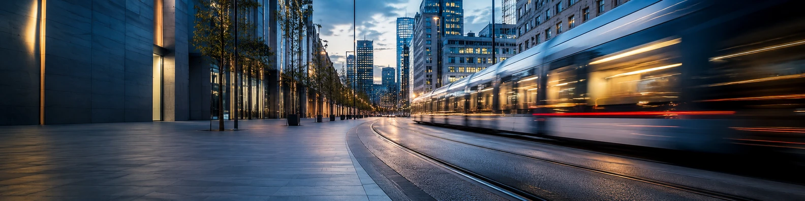 Modern tram city street with tram tracks, motion blur, and polished urban transport mood LinkedIn banner