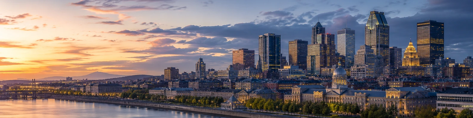 Montreal city skyline with downtown buildings, river reflections, and evening light LinkedIn banner