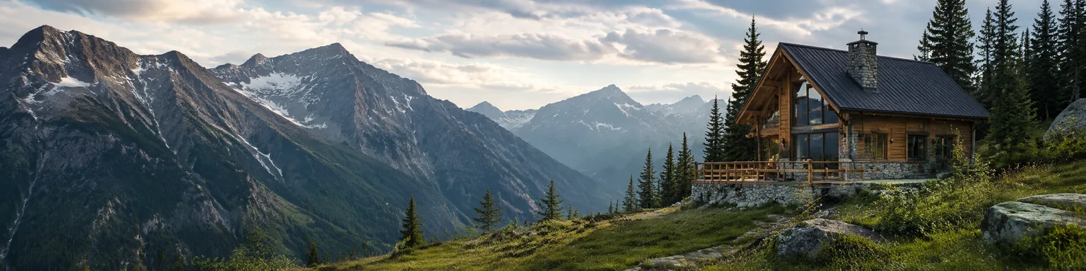 Cozy mountain house beside evergreen trees and dramatic alpine peaks LinkedIn background banner