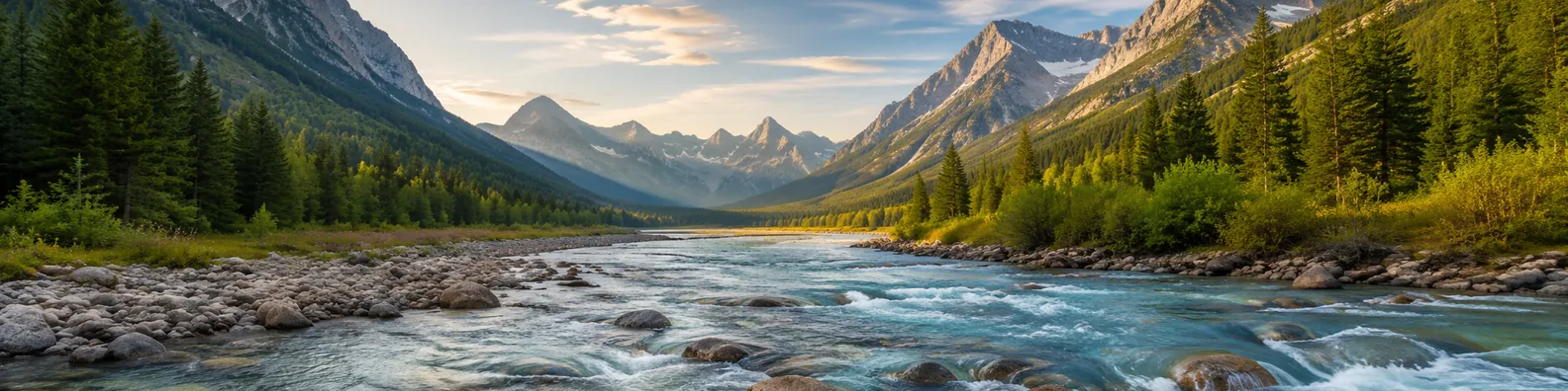 Mountain river valley LinkedIn background banner with clear blue river, green trees, rugged slopes, and soft sky