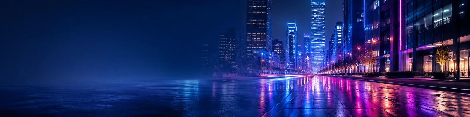 Neon city street background with colorful lights, reflective pavement, and modern buildings LinkedIn banner