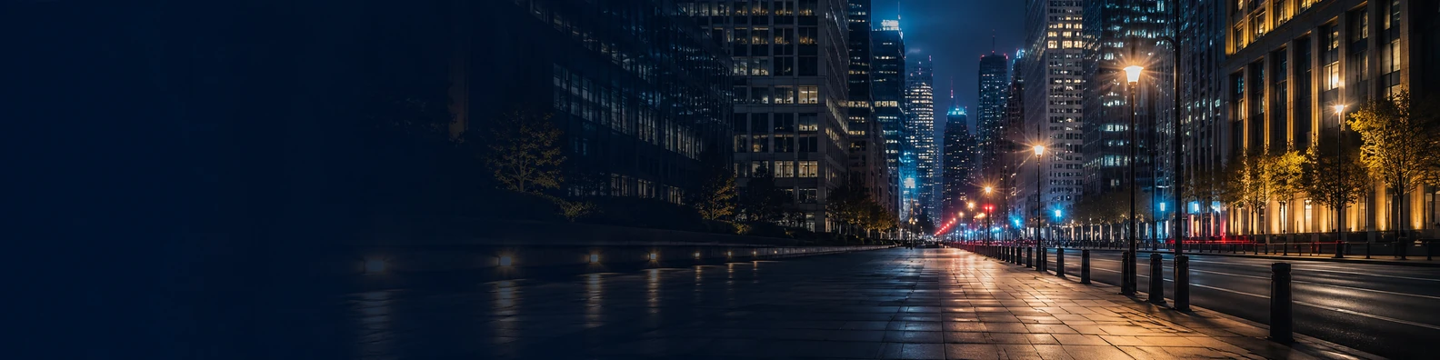 Clean New York street at night with glowing lights and pavement reflections LinkedIn background banner